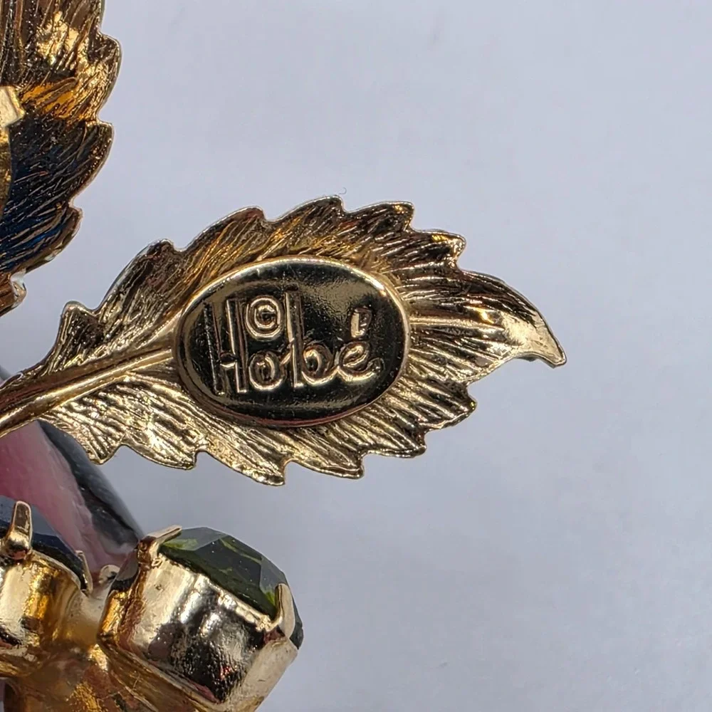 Hobe Enamel‎ Crystal Leaf Brooch Blue Green Gem Rhinestone Statement Pin Vintage
